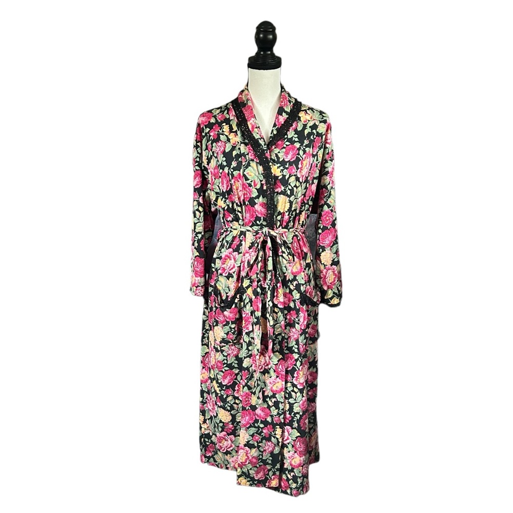 Vintage 90s Victoria’s Secret Gold Label Dark Floral Cotton Robe Lace Trim Small